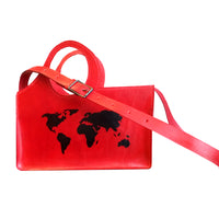 Designer Red Leather Bag With World Map.