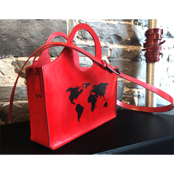 Designer Red Leather Bag With World Map.